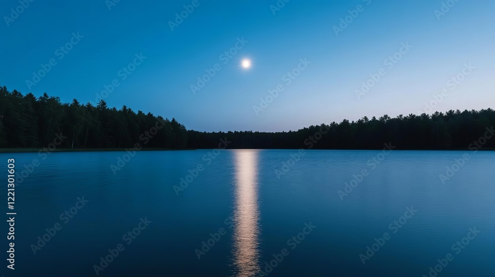 Fototapeta premium Radiant lake glowing softly with divine light under the light of a celestial moon