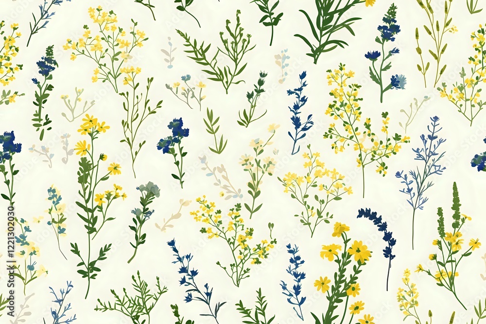 Delicate watercolor wildflower pattern with yellow and blue flowers on white background, perfect for fabric design, wallpaper, and digital scrapbooking projects. Delicate watercolor wildflower pattern with yellow and blue flowers on white background, perfect for fabric design, wallpaper, and digital scrapbooking projects.