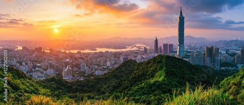 Sunset Panorama of Taipei City Skyline from a Mountaintop