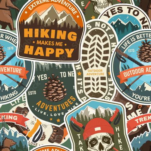 Hiking outdoor adventure seamless pattern with emblems, patch. Background, wallpaper, seamless pattern with human skull skeleton in hat, hiking boot, pine cone, hiker bear with backpack, mountains.