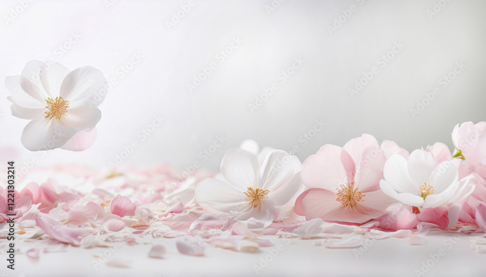 Pastelowe płatki kwiatów, rozmyte tło bokeh. Eksplozja kwiatów, tapeta  w kwiaty. Puste miejsce na tekst, projekt. Walentynki, tło kwiatowe