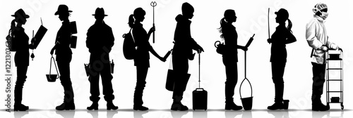 A  black silhouettes vector of people, including women, children, and families, walking and posing with bags in a fashion and business context backpack for travel, unique vector icon set