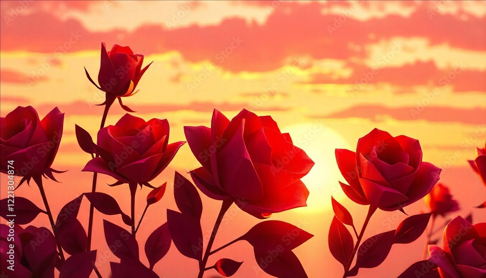 Sunset Roses: Silhouetted red roses stand tall against a vibrant sunset, their petals glowing with the warmth of the evening light. The scene evokes romance, tranquility. Sunset Roses: Silhouetted red roses stand tall against a vibrant sunset, their petals glowing with the warmth of the evening light. The scene evokes romance, tranquility.