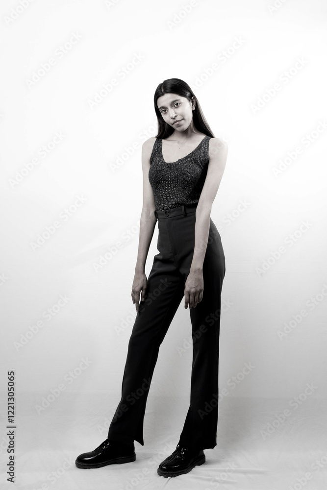 a tall slim caucasian female model with black hair wearing a black suit posing for a model shoot