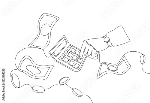 Continuous one line hand drawn of a hand using a calculator, surrounded by floating money and coins. financial planning, budgeting, or accounting concept, Vector illustration, Editable stroke