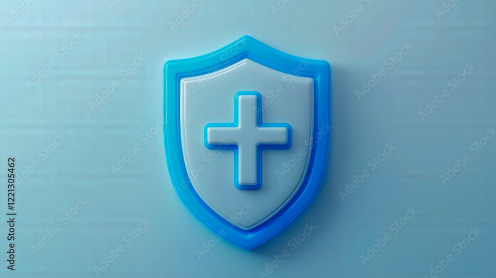 Fototapeta premium 3D illustration of a blue shield with a white medical cross symbol, representing healthcare, protection, and medical safety..