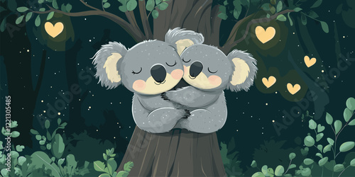 Adorable Koalas Cuddling on a Tree at Night  
