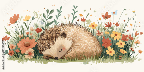 Sleeping Hedgehog in a Flower Meadow  
