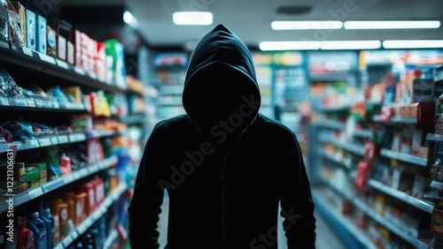 Shadowy Hooded Figure Standing Menacingly in a Grocery Store Aisle