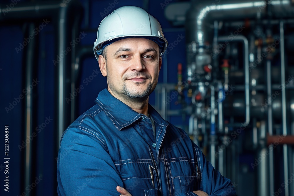 Skilled worker in blue workwear posing confidently at industrial site during day Skilled worker in blue workwear posing confidently at industrial site during day