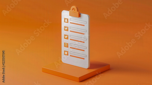 3D illustration of a sleek white clipboard with checklist items and orange icons, set on a vibrant orange background, symbolizing organization..