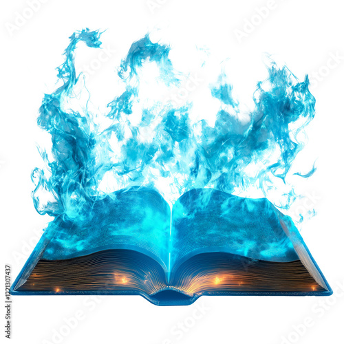 An open ancient book with glowing pages emitting vibrant blue flames, creating a magical and mystical aura, on a transparent background. photo