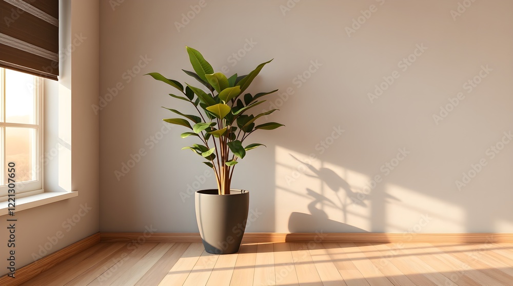 Fototapeta premium stock photo Minimalist interior, large potted green plant in dark grey pot, muted grey textured walls, natural light from left window, wooden floor planks.
