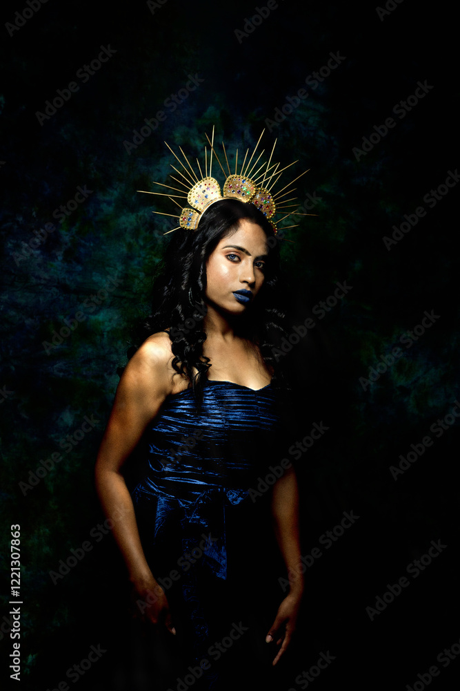 a female model wearing a golden crown and a green gown. a fashion portrait of female model with makeup and glamorous look a female model wearing a golden crown and a green gown. a fashion portrait of female model with makeup and glamorous look