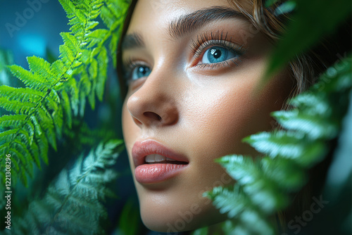 Eye-catching flyer designs showcasing a young model among vibrant ferns photo