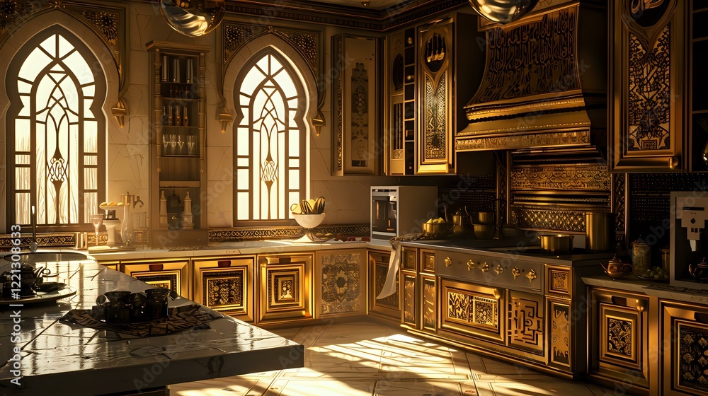 Obraz premium Luxurious gothic style kitchen interior with ornate gold details and marble countertops, featuring arched cathedral windows and dramatic sunlight streaming through creating elegant ambiance.