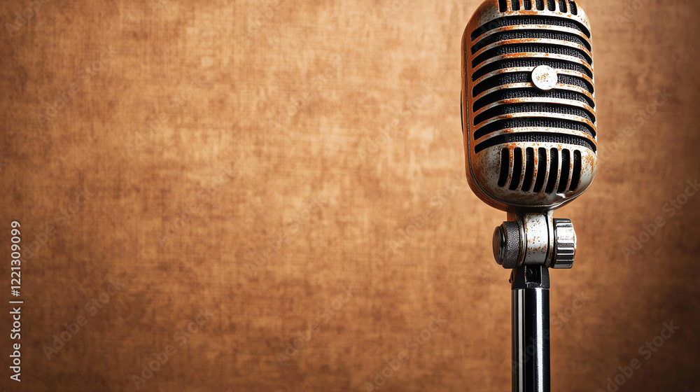Fototapeta premium Rustic Vintage Microphone with Textured Brown Background