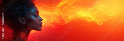 Vibrant profile silhouette against a fiery background with smoke effects in dynamic colors