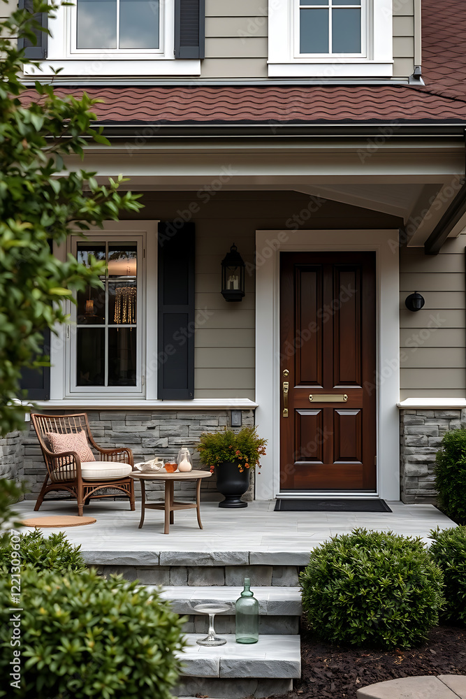Obraz premium Elegant Home Exterior Design with Stone Porch and Wooden Door. Beautiful landscaping and architectural details create a welcoming entrance.