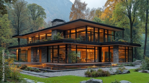 A modern wooden building with large glass windows and an open structure,