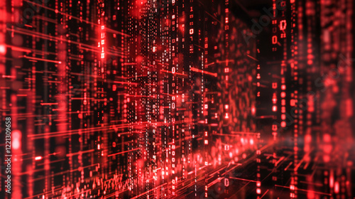 Wallpaper Mural  A futuristic display of glowing red binary code and digital patterns, symbolizing technology, cybersecurity, and data processing in a virtual environment.. Torontodigital.ca