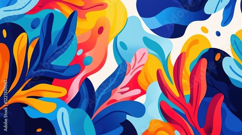 A vibrant, abstract illustration featuring colorful, flowing shapes reminiscent of underwater plants and lively patterns against a light background.