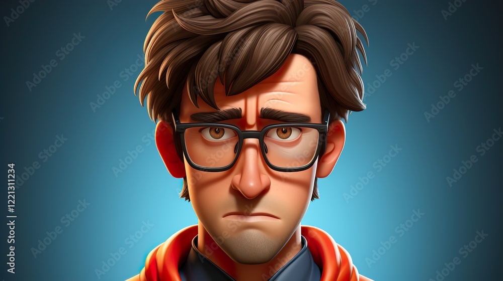 Sad stressed upset cartoon character adult man in glasses person portrait in 3d style design on light background. Sad stressed upset cartoon character adult man in glasses person portrait in 3d style design on light background.