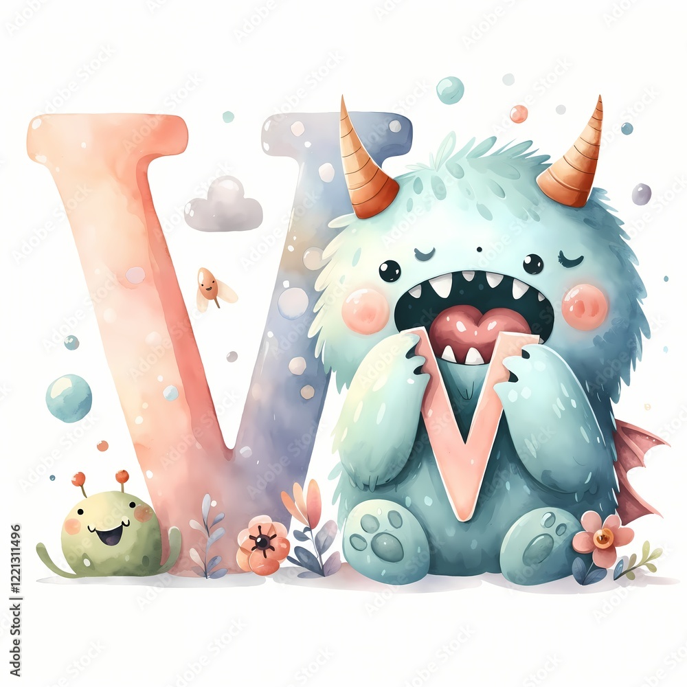 Naklejka premium Colorful monster holding letter V surrounded by nature and a smiling snail
