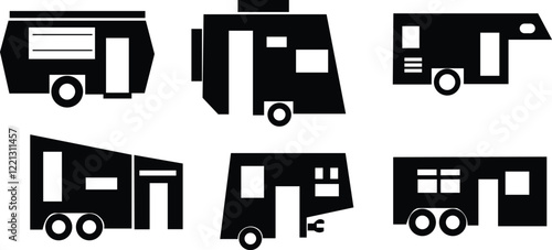 Set of silhouettes of cars,RV cars collection,Recreational vehicle motorhome campervan caravan vector icons