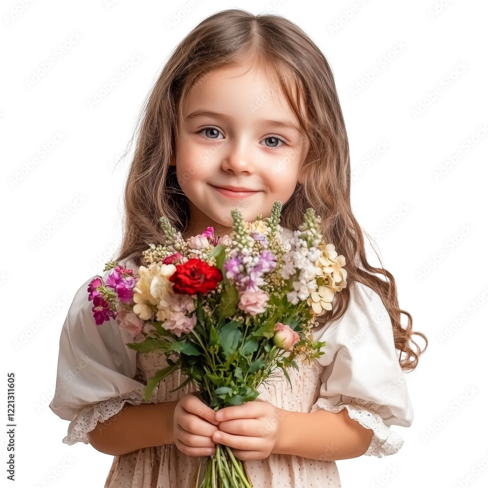 Portrait of cute Caucasian girl 6 years old smiling holding bouquet of wild flowers, isolate on white background Portrait of cute Caucasian girl 6 years old smiling holding bouquet of wild flowers, isolate on white background