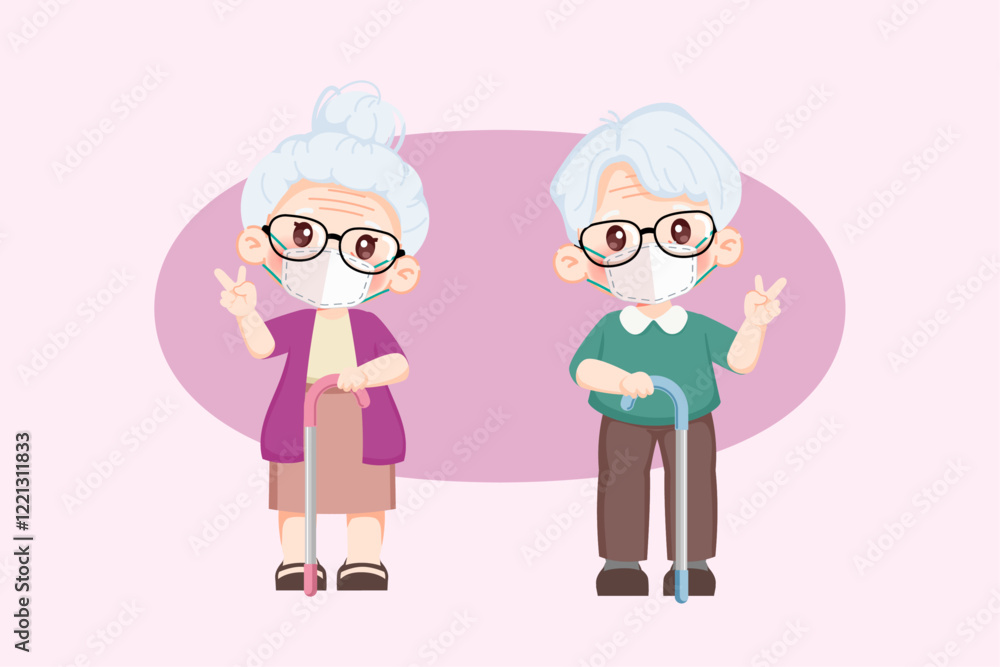 Cute cartoon characters of happy elderly grandparents wearing a face mask. Premium illustration vector.cartoon animation design. Cute cartoon characters of happy elderly grandparents wearing a face mask. Premium illustration vector.cartoon animation design.