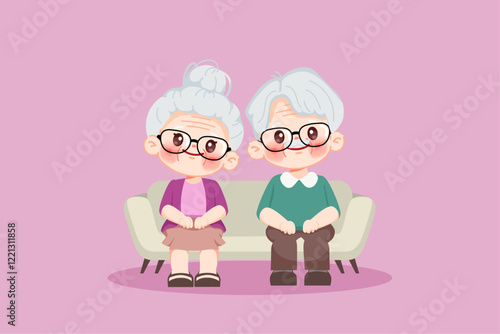 Cute cartoon characters of elderly grandparents sitting at sofa. Premium illustration vector.cartoon animation design.