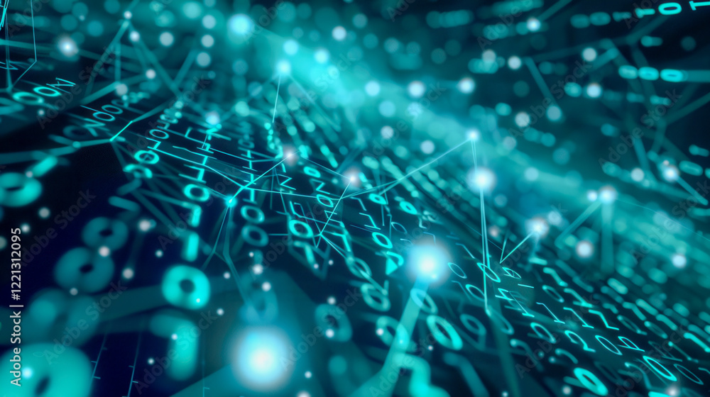 Obraz premium A glowing abstract visualization of data flow, featuring binary code, connected lines, and bright teal tones, symbolizing technology and networks..