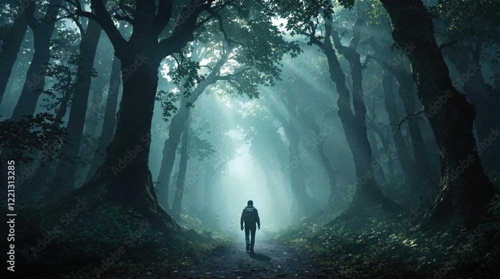 Fototapeta premium Lone Traveler in Misty Forest, Dramatic Lighting and Mystery