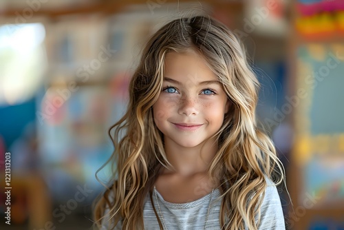 Portrait of a cheerful young Caucasian girl with wavy blonde hair and blue eyes smiling at camera, natural lighting creates soft focus effect perfect for childhood and education themes.