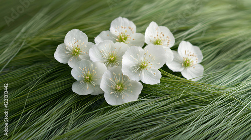 A cluster of white flowers rests gracefully in a bed of green grass, radiating calm and natural beauty.  photo