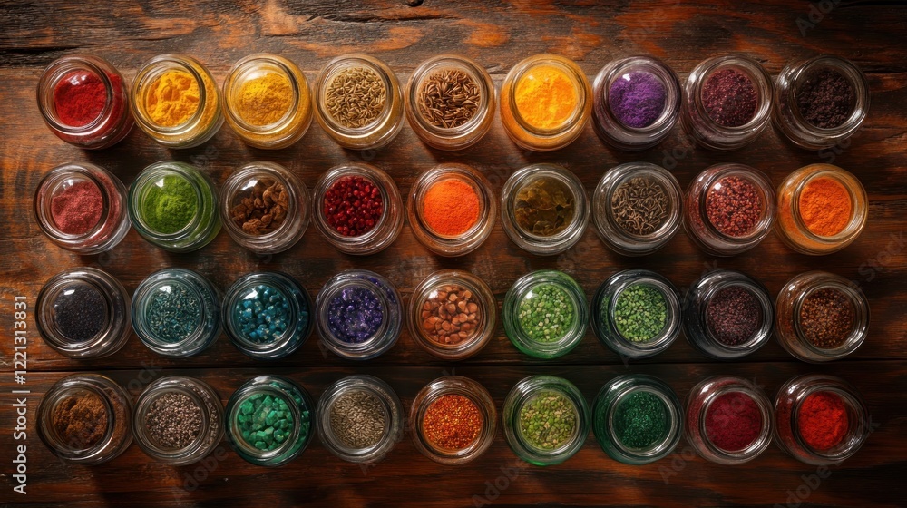Vibrant Collection of Spices in Glass Jars on Rustic Wooden Background Vibrant Collection of Spices in Glass Jars on Rustic Wooden Background