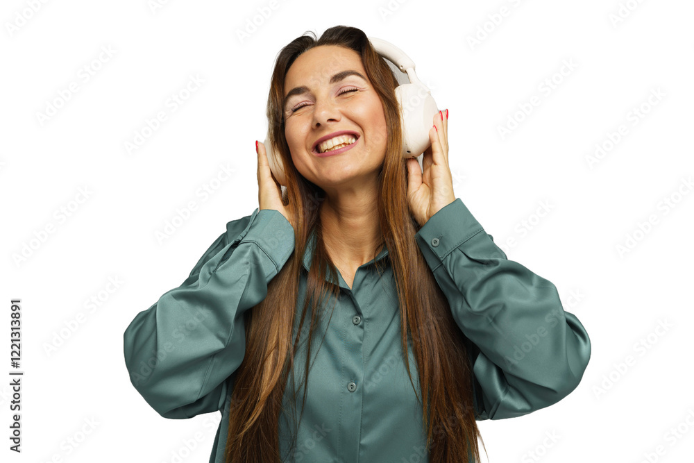 Woman enjoying music with headphones while smiling in a bright, well-lit space Woman enjoying music with headphones while smiling in a bright, well-lit space