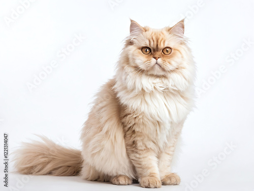 Fluffy golden cat sitting gracefully against a white backdrop capturing the essence of feline beauty and elegance
