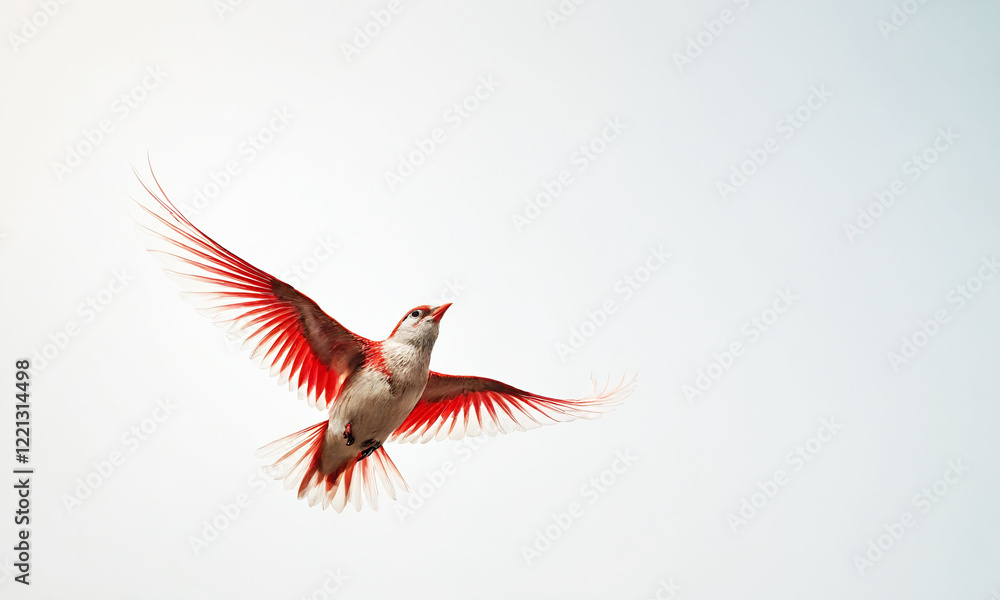 Obraz premium Bright red bird soars through a clear sky during the late afternoon in a tranquil environment