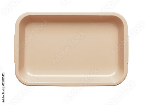 Empty peach colored plastic food tray on white background