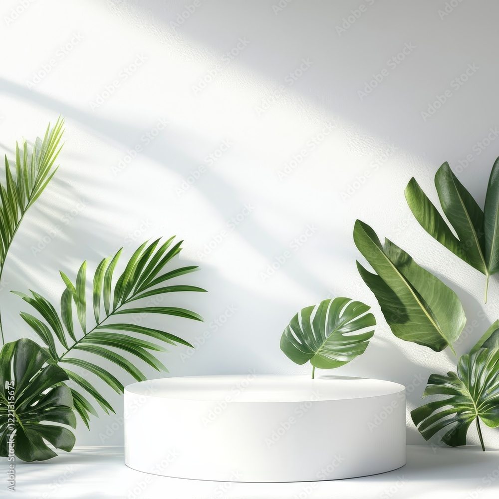 3d render of white podium with tropical palm leaves on white background 3d render of white podium with tropical palm leaves on white background