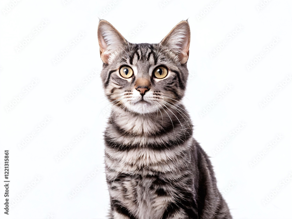 Fototapeta premium Striped cat with bright eyes poses against a light background showcasing its expressive personality and playful demeanor