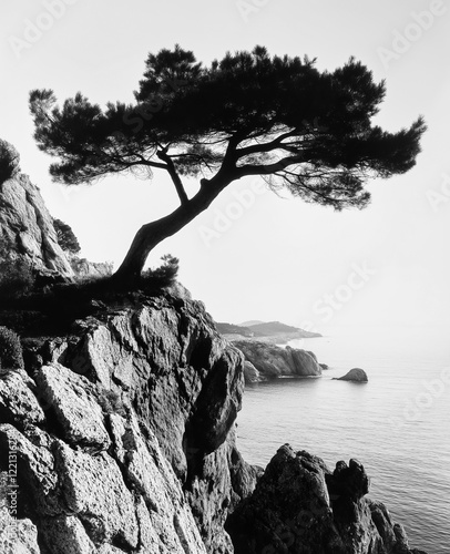 Black and white photograph of a windswept tree growing on the edge of a rocky cliff, overlooking a calm sea and distant coastline
