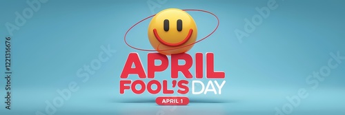 A 3D render of a creative minimalist April Fool's Day poster design. There's a large red text that says 