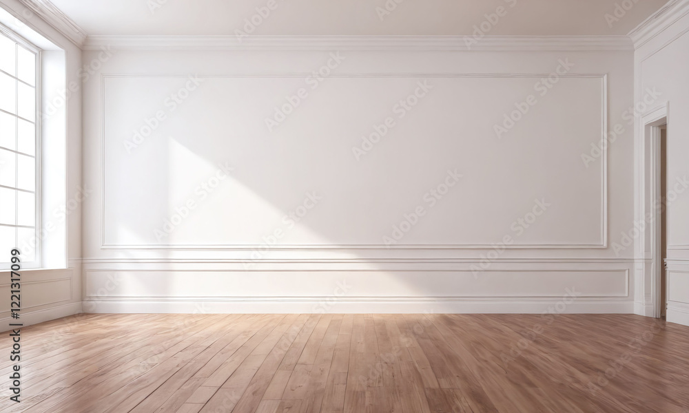 Fototapeta premium Bright and spacious interior with wooden flooring in a modern empty room during daytime