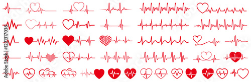 Red heartbeat collection symbol, cardiogram wave set sign, continuous lines heart beats, heartbeat EKG, ECG, health monitoring, medical pulse, cardiology
