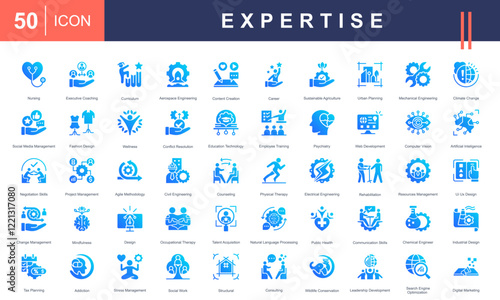 Icons for various fields of Expertise, including engineering, coaching, education, wellness, management, technology, design, healthcare, and more. Perfect for professional development projects.