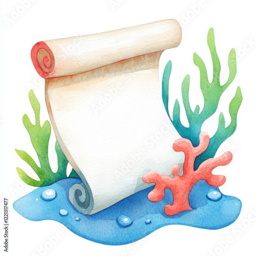 Watercolor scroll with coral and seaweed underwater scene artistic illustration vibrant colors marine life concept, isolated on white background photo