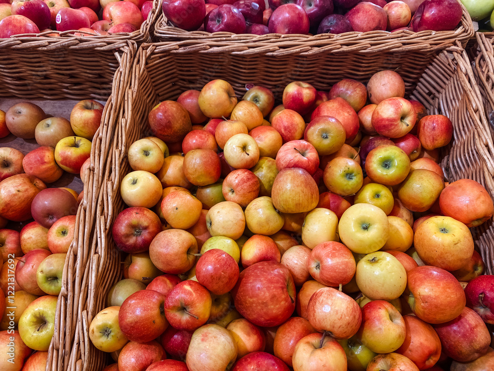 Wicker baskets that are brimming with a delightful assortment of apples showcasing various sizes, shades, and vibrant colors to make them visually appealing and enticing to consumers Wicker baskets that are brimming with a delightful assortment of apples showcasing various sizes, shades, and vibrant colors to make them visually appealing and enticing to consumers